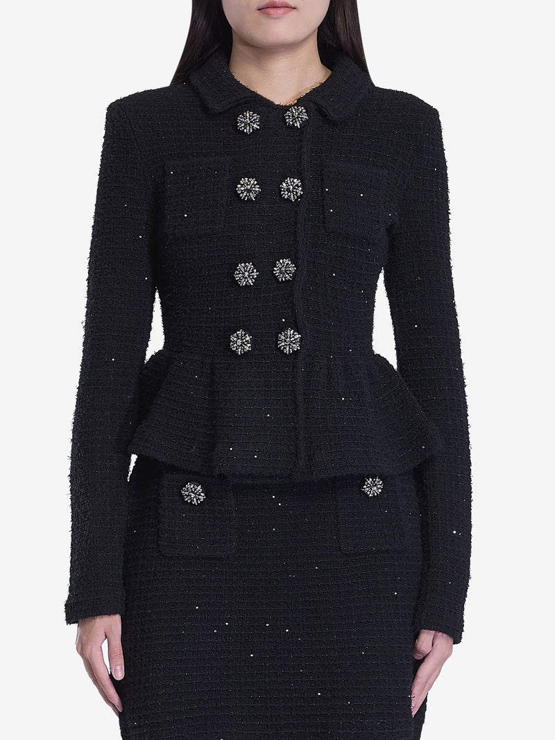 Textured knit jacket skirt suit in black