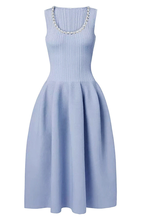 Blue Ribbed Knit Diamante Midi Dress