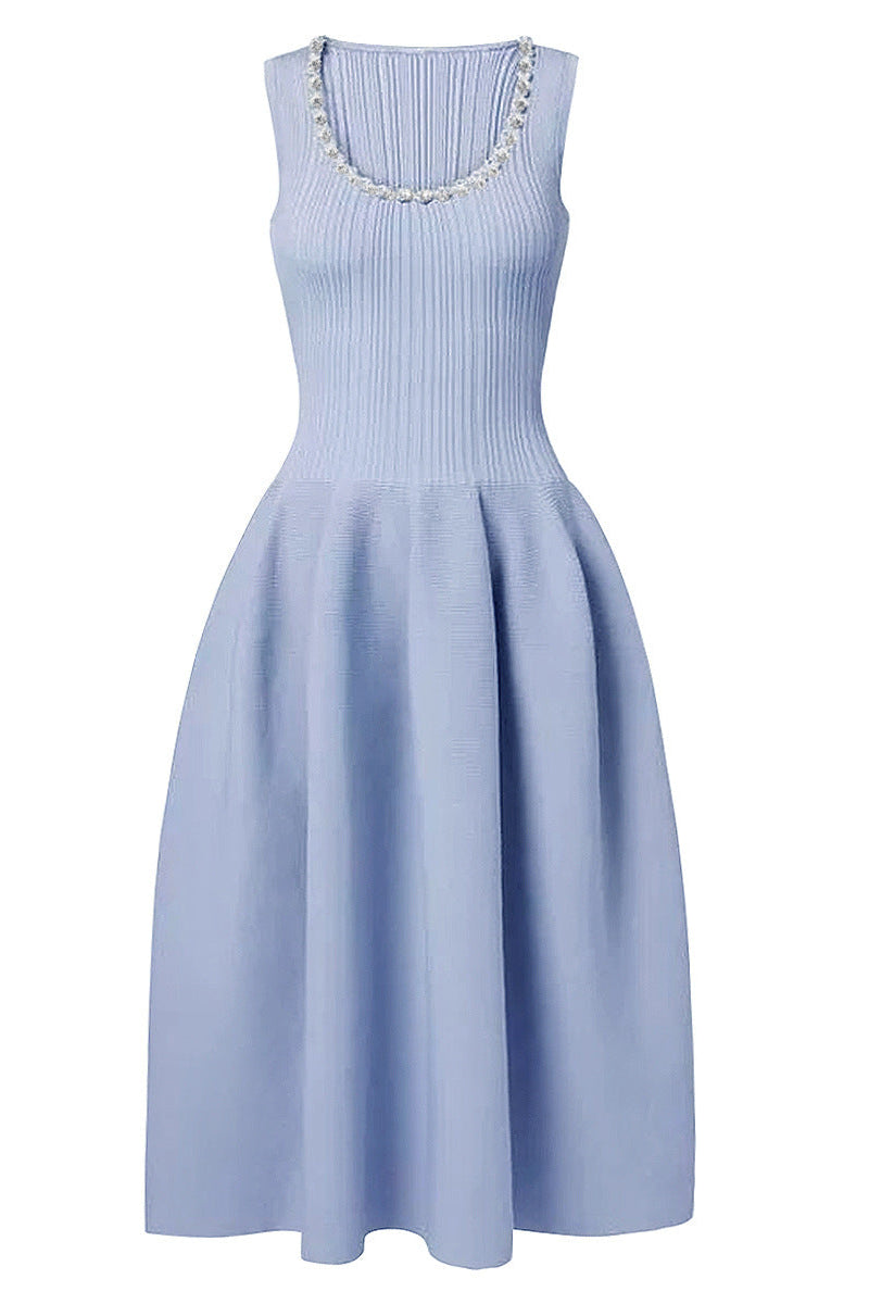 Blue Ribbed Knit Diamante Midi Dress