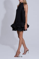 tina Double-layer ruffled halter neck mini dress in black
