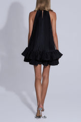 tina Double-layer ruffled halter neck mini dress in black