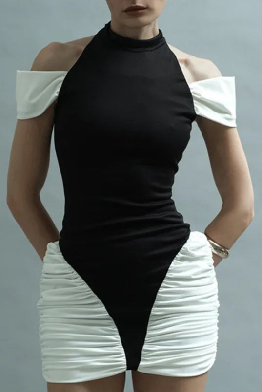 black-white Panel Sleeveless Gathered Halter mini Dress