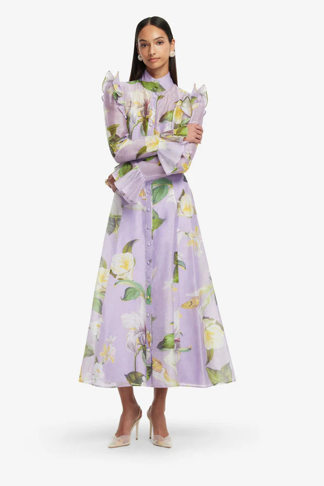 winni Lily Blossom Print Lilac Butterfly Sleeve Midi Dress
