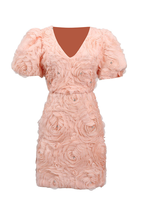 v-neck flower embellished puff Mini Dress in Ballet Pink