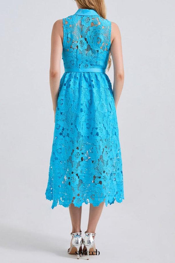 Collar Sleeveless High Waist Slim Dress In Blue