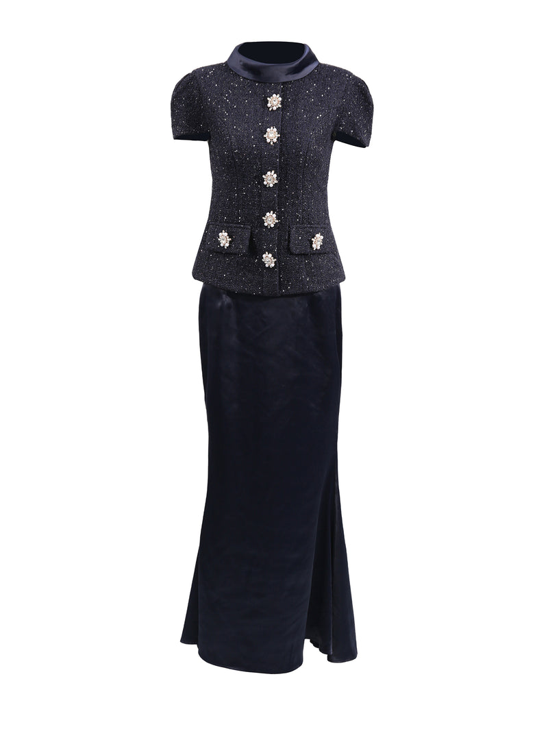 Navy Metallic Boucle Maxi Dress