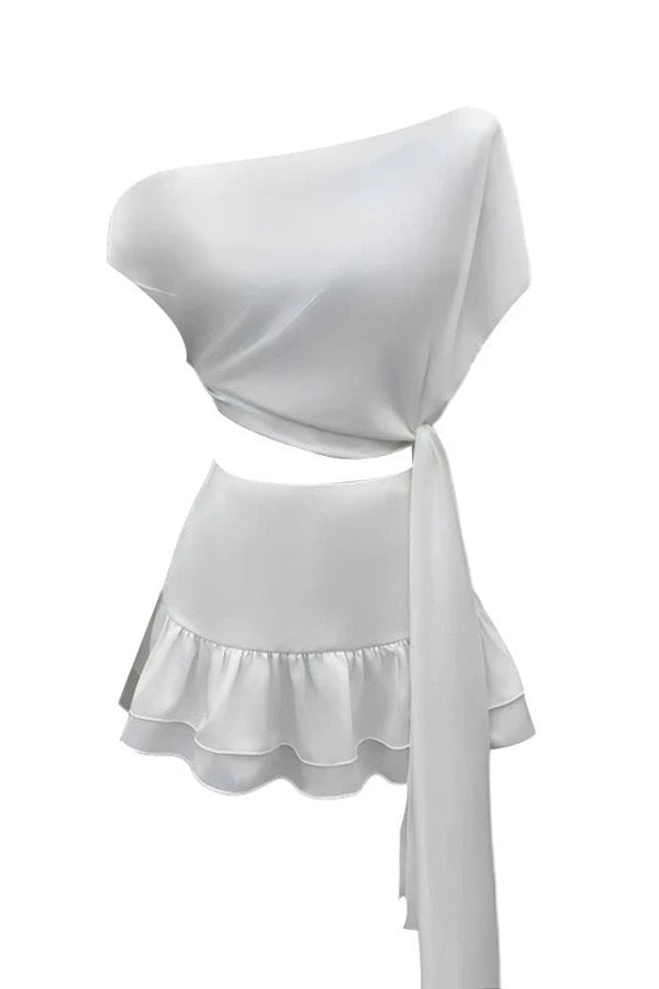 Asymmetric Top Ruffled Skirt Two-Piece Suit in white