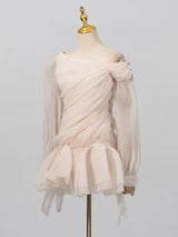 Apricot Ruffle Diagonal Long Sleeve Mini Dress