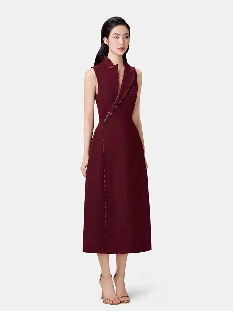 asymmetric collar blazer midi dress in red
