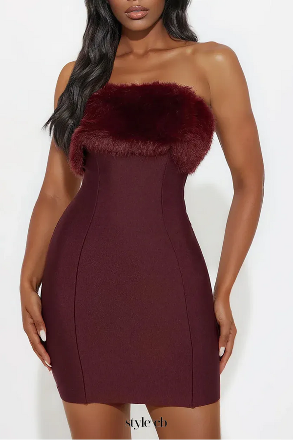 irene Fur Trim Bandage Mini Dress in Burgundy