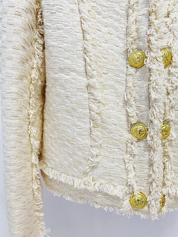 LION BUTTON FRINGED TWEED STAND COLLAR JACKET