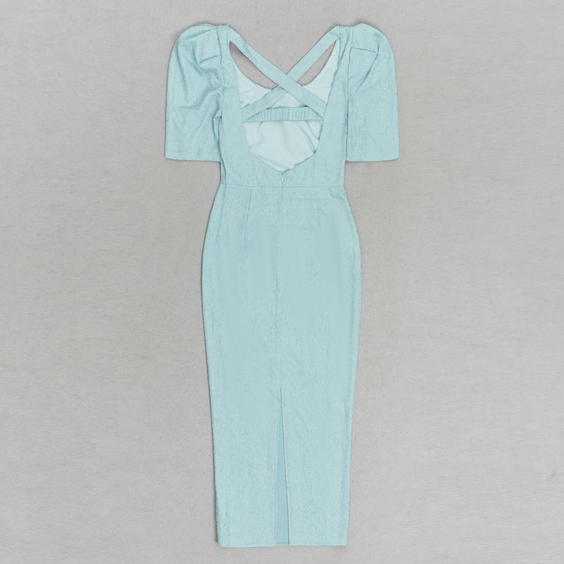 LIGHT GREEN PUFF SLEEVE SPLIT BACK BODYCON MIDI DRESS