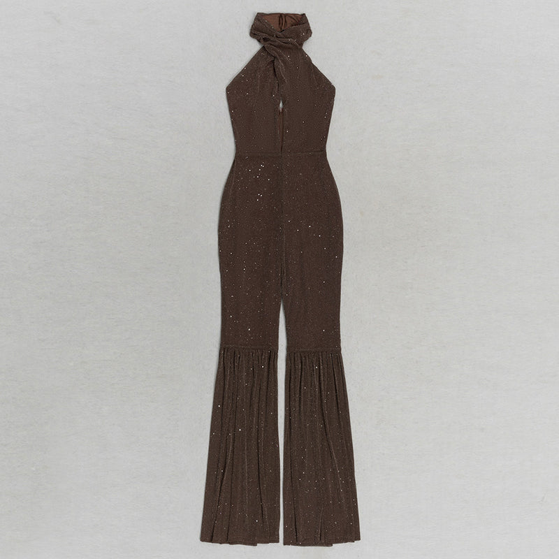 HALTER NECK BACKLESS FLARE LEG JUMPSUIT IN BROWN