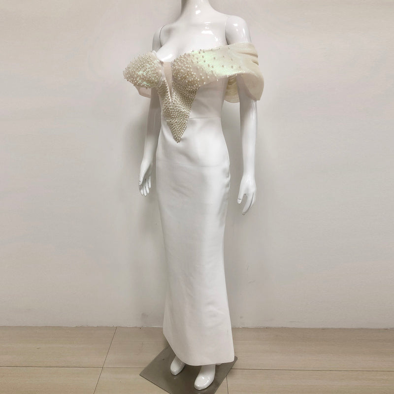 Off-Shoulder pearl embellished bodycon maxi dress in white