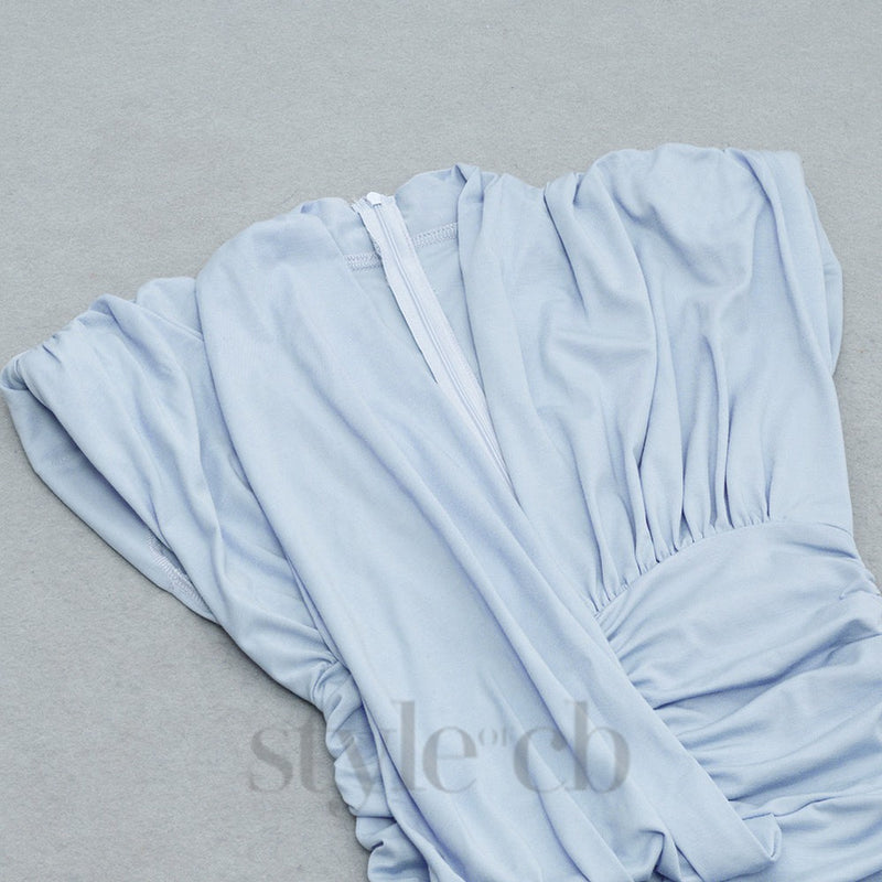 SHOULDER PADS RUFFLED V-NECK ASYMMETRIC HEM DRESS