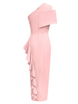 DIAGONAL SHOULDER PLEATED SLIT RUFFLED DRESS IN PINK
