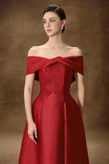 hebera a-line off-shoulder midi dress in red