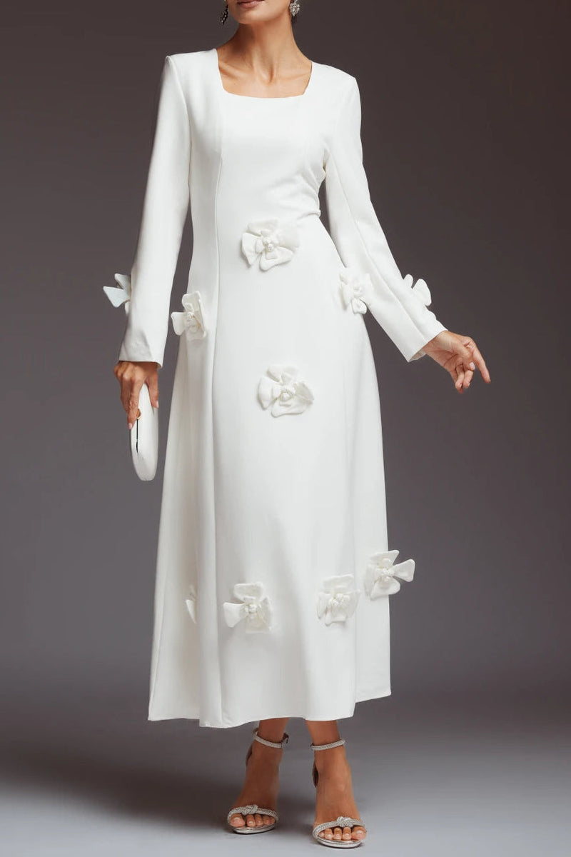winifred 3d flower embellished  long sleeve maxi dress in white