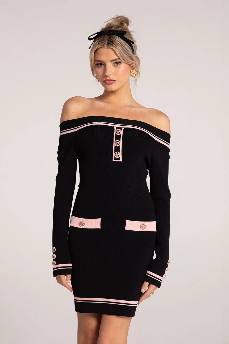 vanessa off-shoulder Knit mini Dress in black