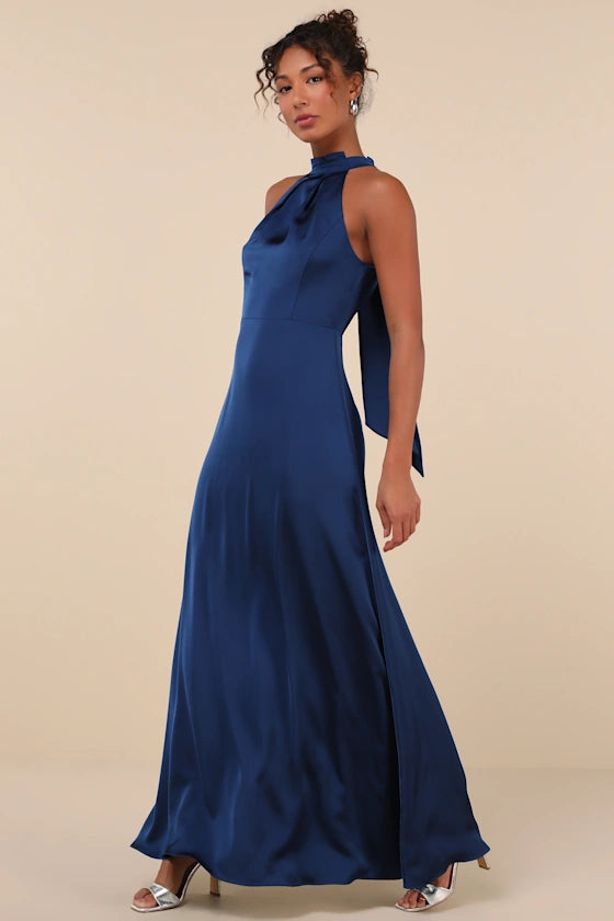 Blue Satin Pleated Mock Neck Maxi Dress