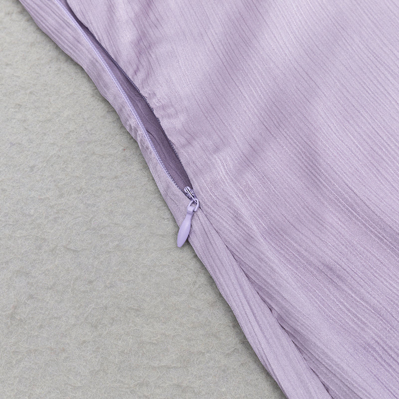 LILAC RUFFLE TRIM ASYMMETRICAL HEM SATIN MIDI DRESS