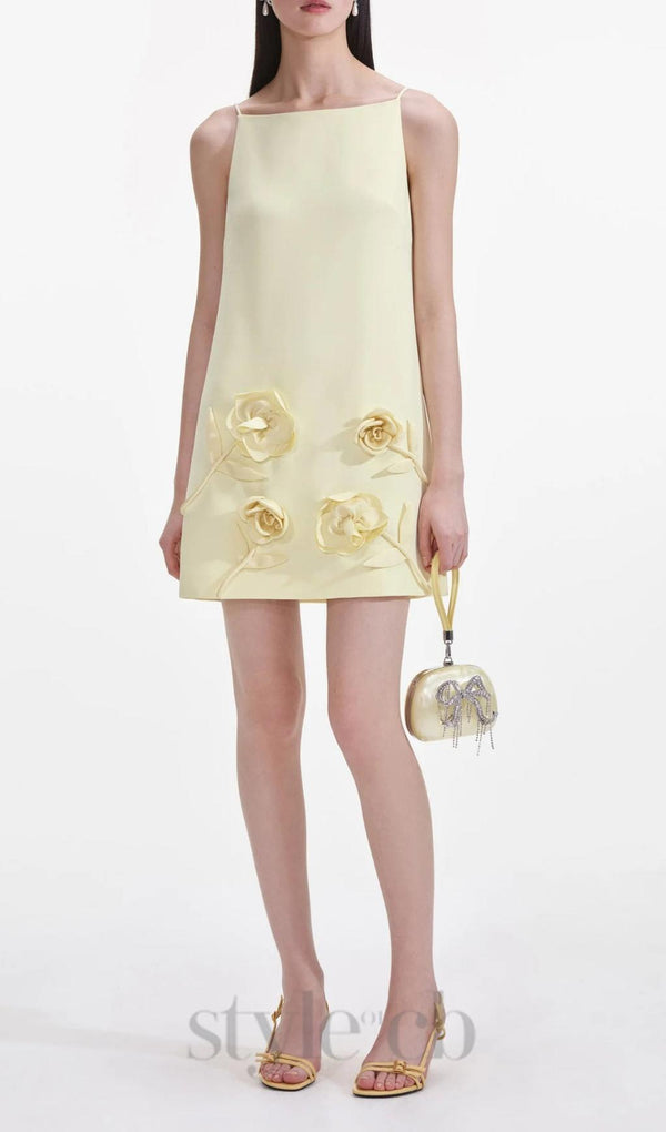 Yellow Crepe Flower Mini Dress