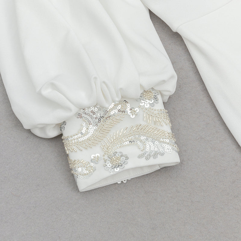 V NECK PUFF SLEEVE BODYCON MAXI DRESS IN WHITE