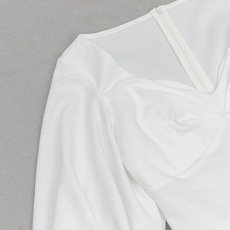 V NECK PUFF SLEEVE BODYCON MAXI DRESS IN WHITE