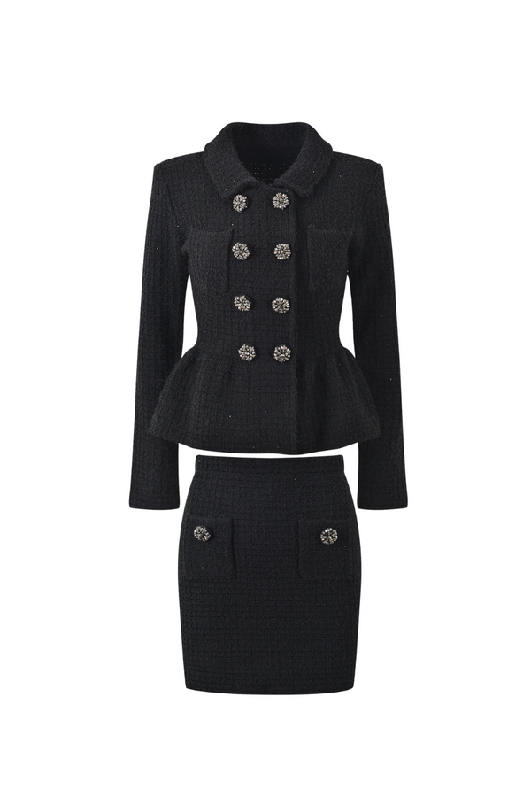 Textured knit jacket skirt suit in black