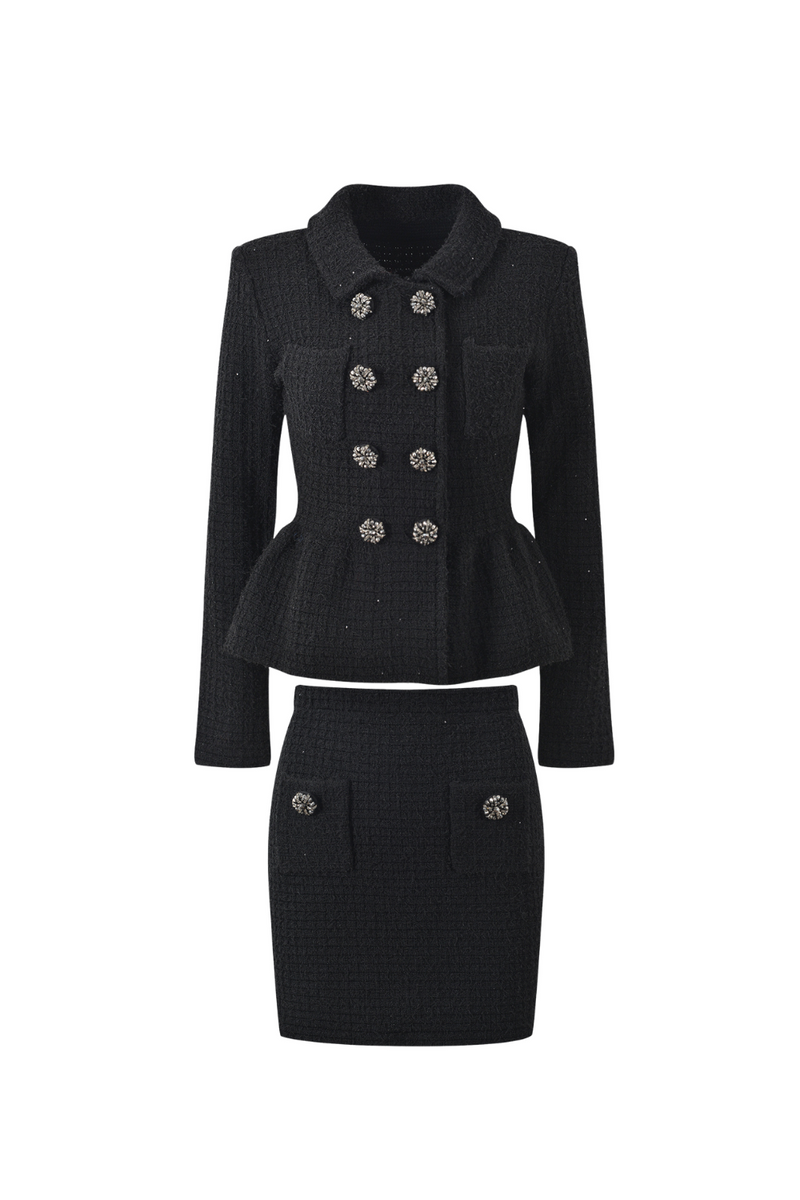 Textured knit jacket skirt suit in black