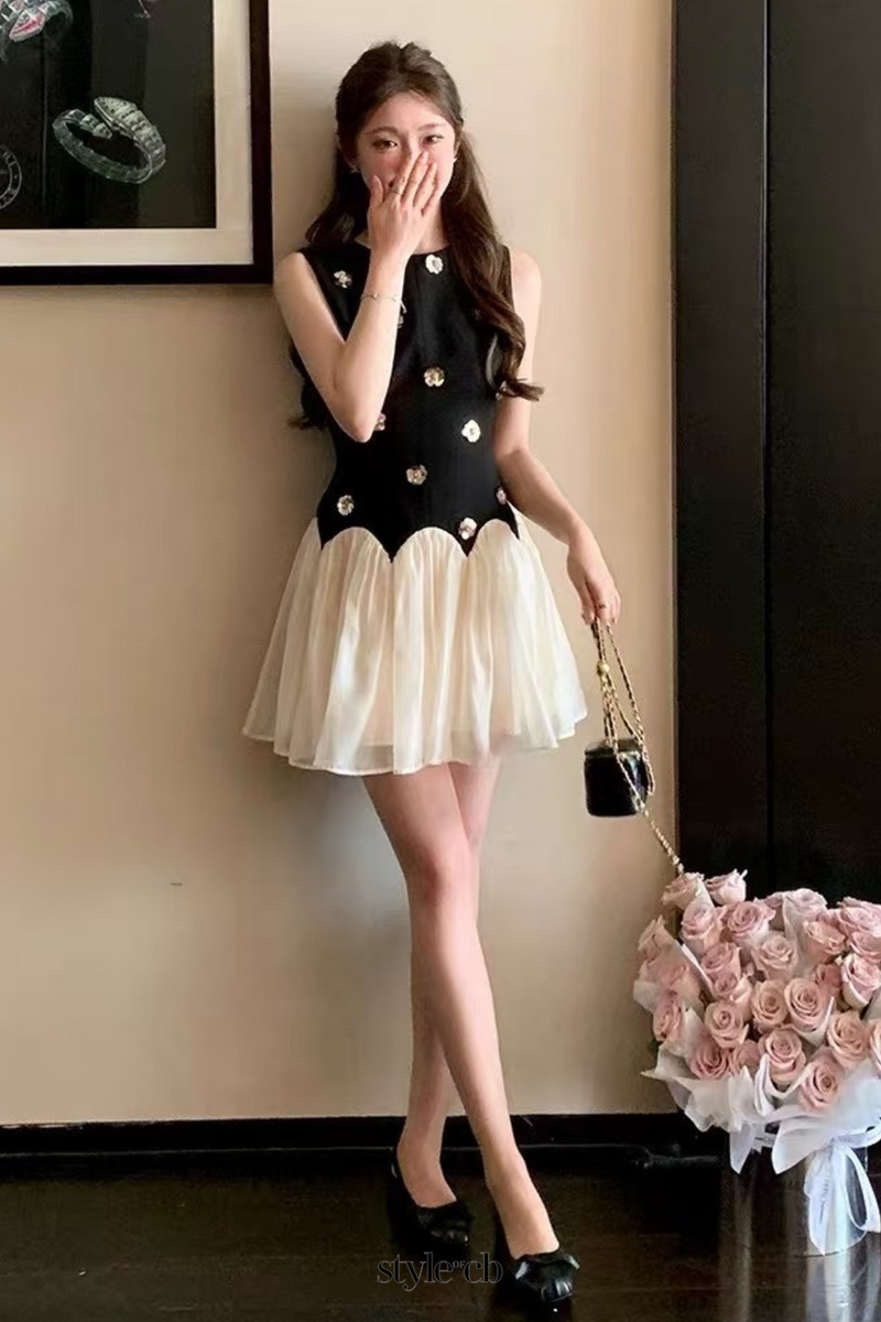 Stereoscopic Flower sleeveless mesh mini dress