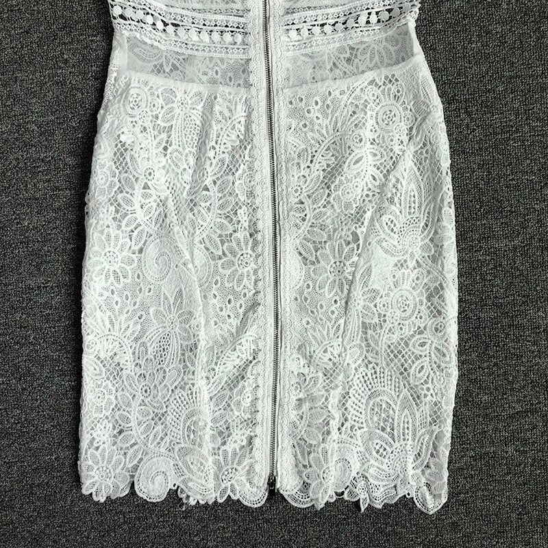 MIDI SLEEVE HALF BACKLESS SHORT WHITE GUIPURE DRESS