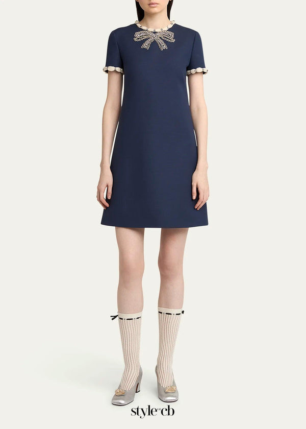 jocelyn rhinestone Embroidered Crepe mini Dress in navy blue
