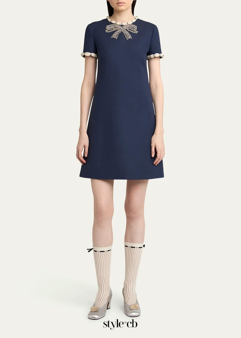 jocelyn rhinestone Embroidered Crepe mini Dress in navy blue