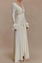 pamela V-neck lace see-through maxi dress in white