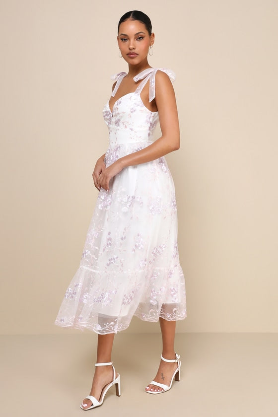 Floral Embroidered Tie-Strap Midi Dress in white