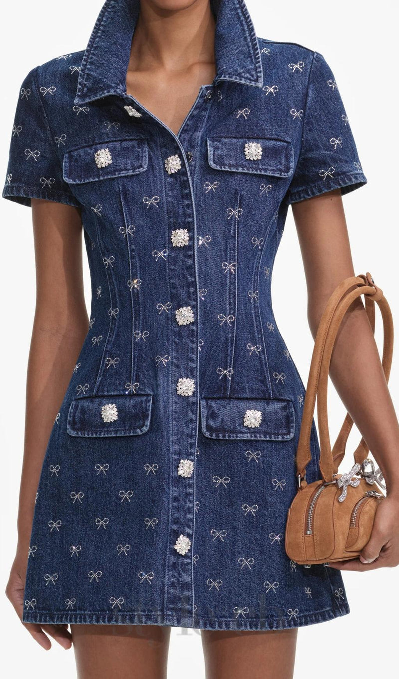 Denim Diamante Bow Collared Mini Dress