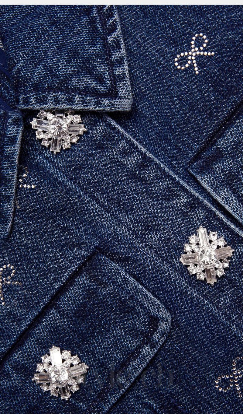 Denim Diamante Bow Collared Mini Dress