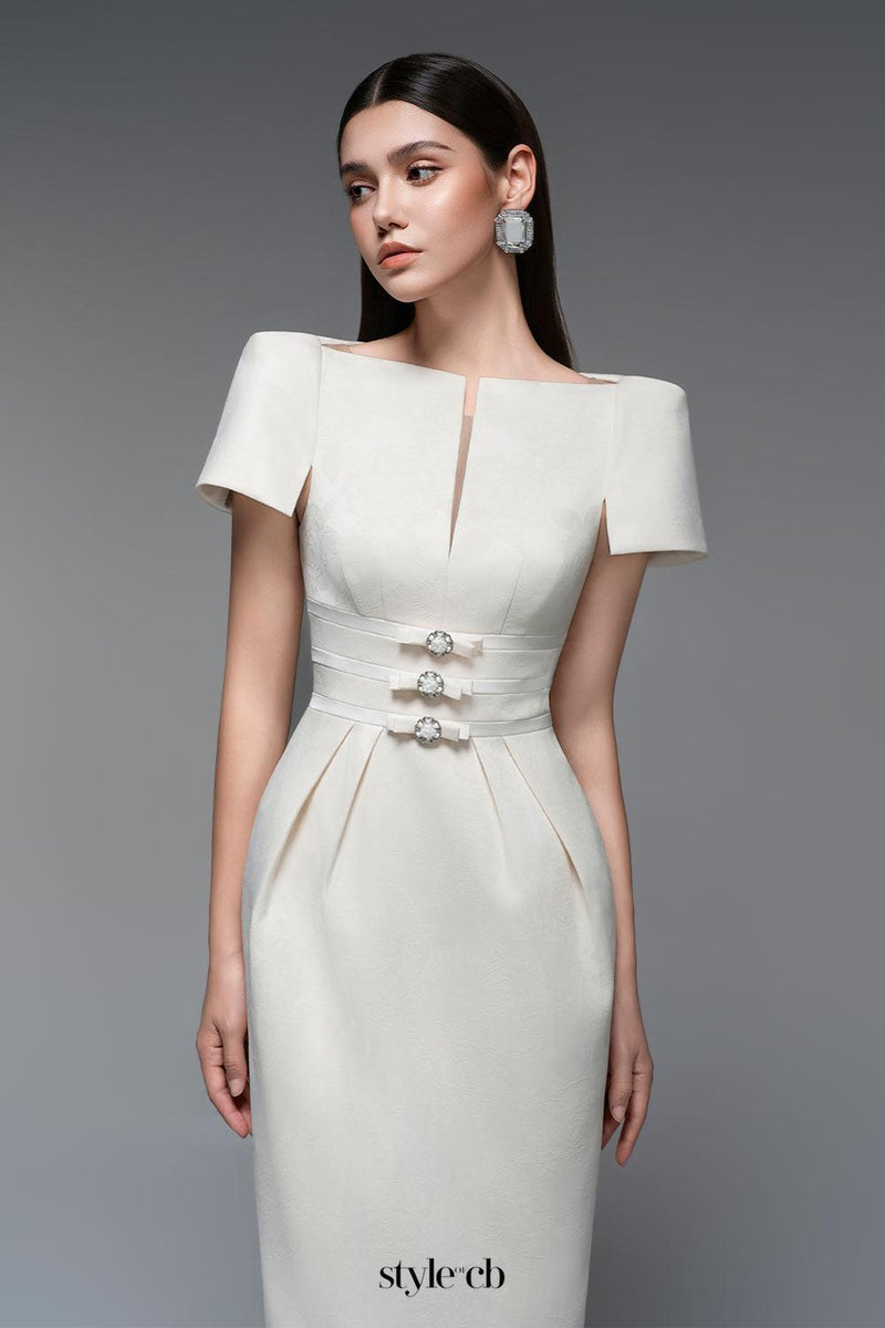 Beatrice Sheath Boat Neck Brocade maxi Dress