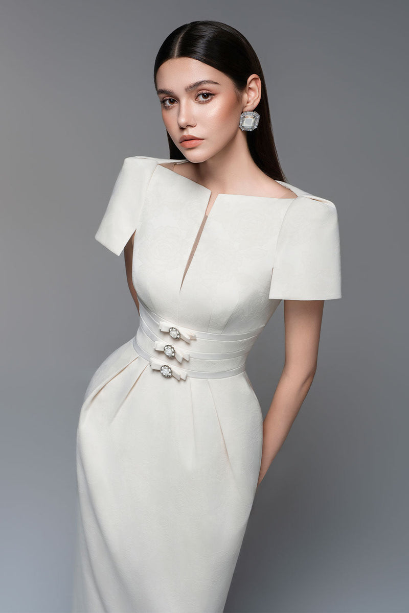 Beatrice Sheath Boat Neck Brocade maxi Dress