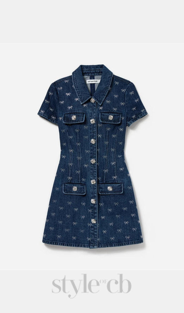 Denim Diamante Bow Collared Mini Dress