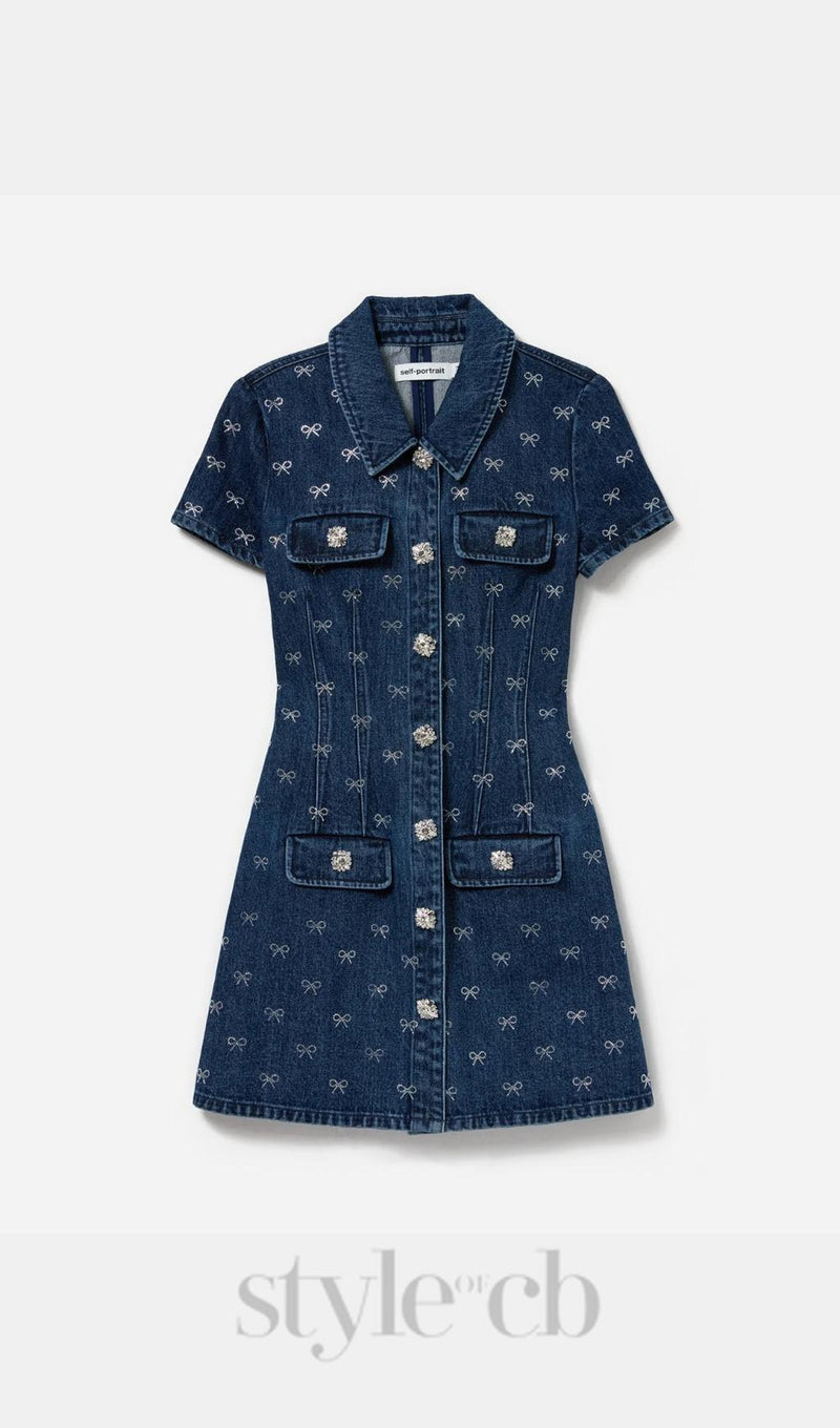 Denim Diamante Bow Collared Mini Dress