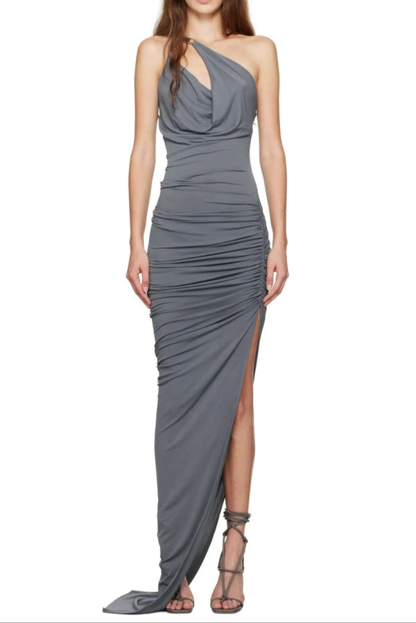 one-shoulder sleeveless ruched bodycon maxi dress in grey