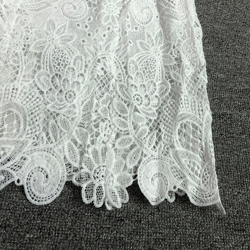 MIDI SLEEVE HALF BACKLESS SHORT WHITE GUIPURE DRESS