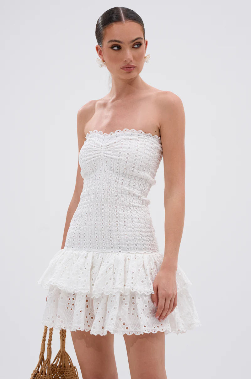 eyelet layered strapless mini dress in white