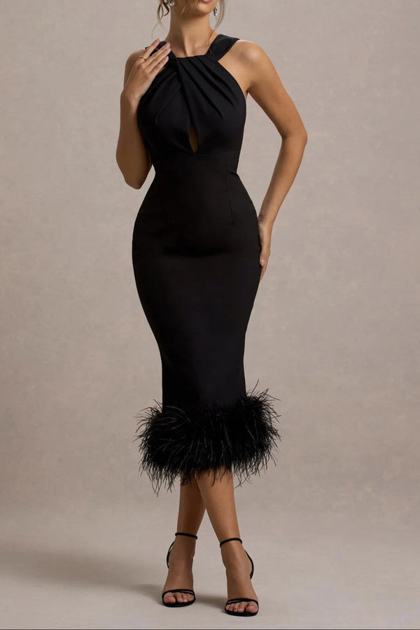 jenny Black Twist-Neck Feather Hem Midi Dress