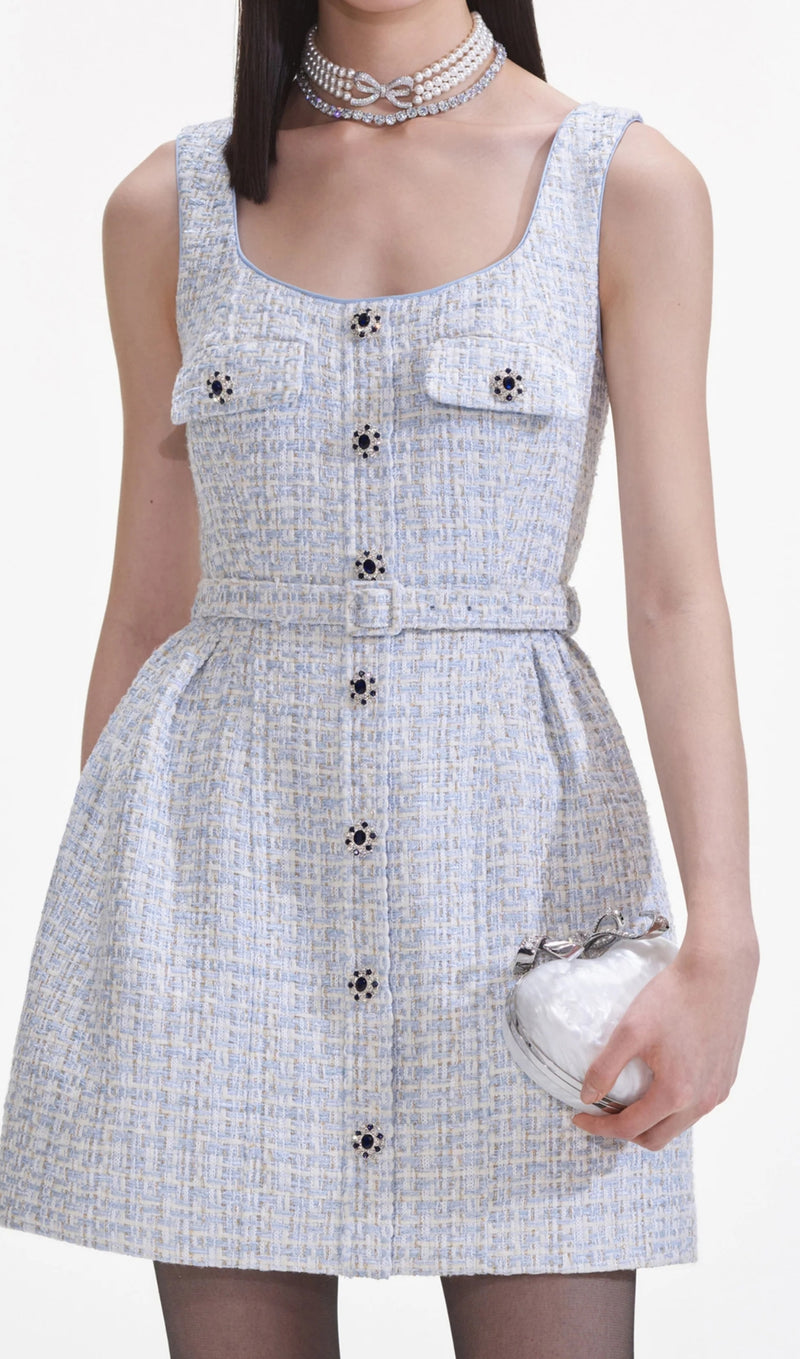 Blue Boucle Sleeveless Mini Dress