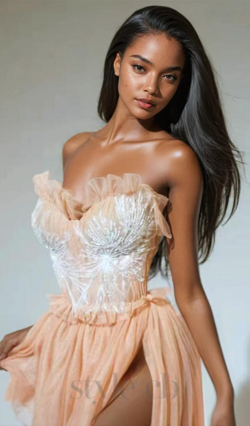 Kalene Strapless Ruffle Tulle Dress In Apricot