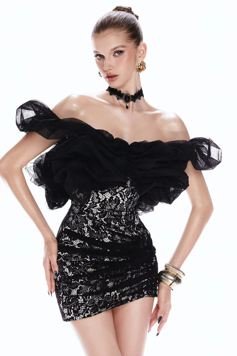 freda off-shoulder Lace pleated bodycon mini dress in black