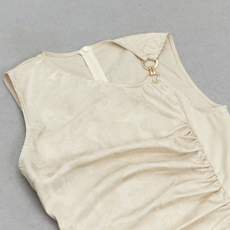 CHAMPAGNE RUCHED JACQUARD SLEEVELESS MIDI DRESS